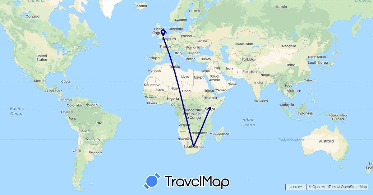 TravelMap itinerary: driving in United Kingdom, Kenya, South Africa (Africa, Europe)